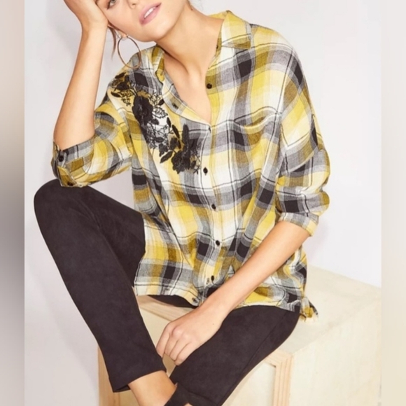 Anthropologie Maeve Embroidered Plaid Buttondown Oversized Tunic Shirt Size XS/S - Picture 2 of 13